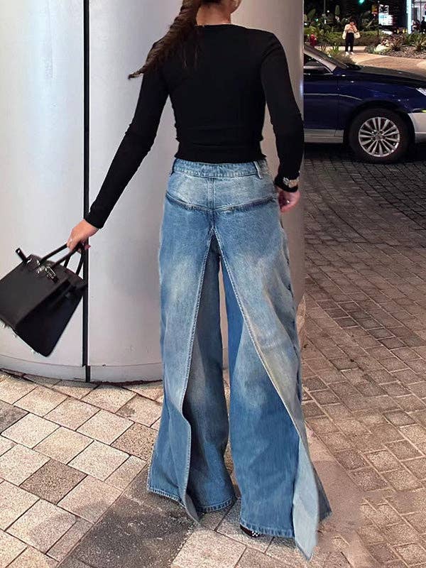 Sheer Trend - Wholesale Jeans - Women's - False Two Wide Leg Pockets Reversible Jean Pants Bottoms10