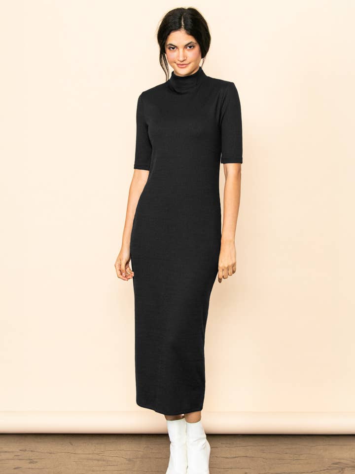 Vestido Maxi Canelado 4x2 com Gola Alta e Manga a Meio Braço por atacado de Elloh Collection