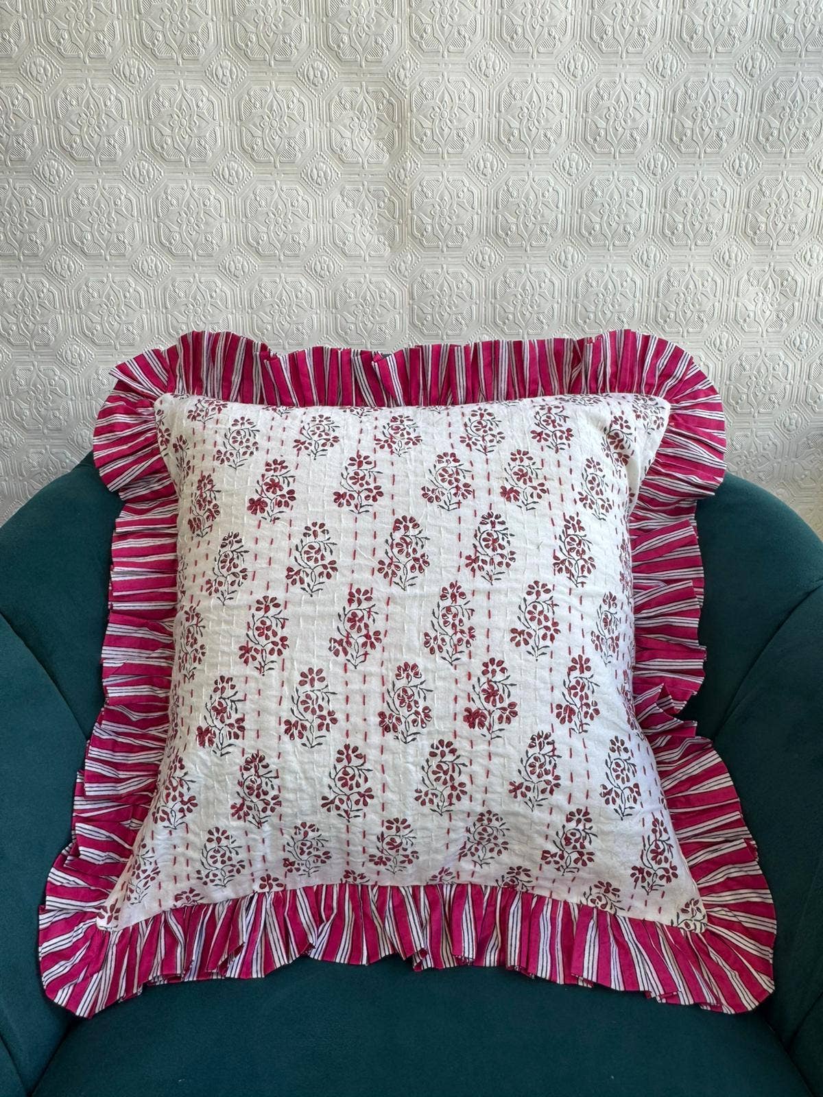 White Pink Red Quilted Kantha Stitch Cushion Pure Soft Cotton Cover for wholesale on Faire0
