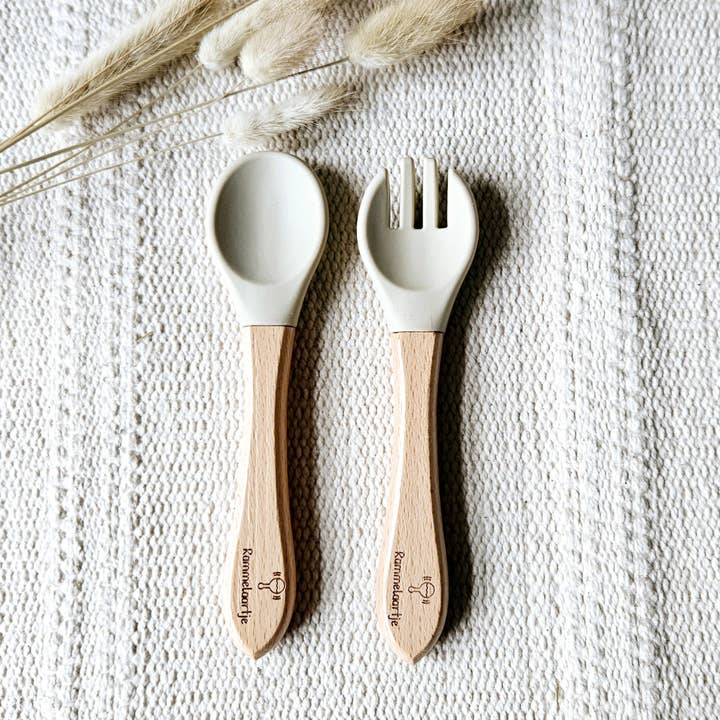 Silicone Spoon and Fork with Bamboo Handle - Beige for wholesale by Rammelaartje