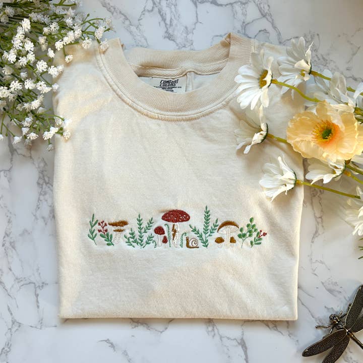 Plantiful Design Co - Wholesale T-Shirt - Women's - Embroidered Mushroom Outdoorsy Plant Tshirt