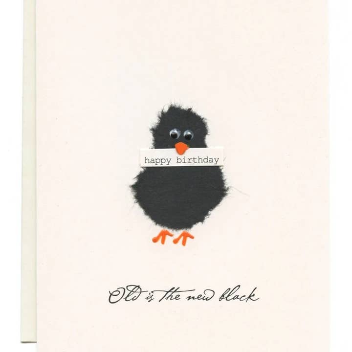 FLAUNT HANDMADE CORRESPONDENCES - Vente Cartes d'anniversaire - « Old Is the New Black » Corbeau avec signe d'anniversaire