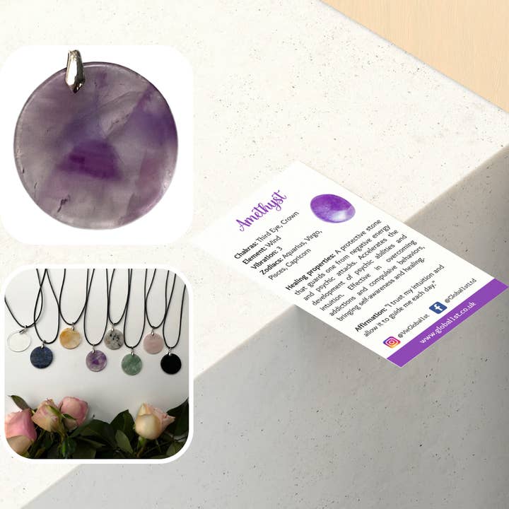 VIE - Wholesale Pendant/Charm Necklace - Gemstone Coin Pendant on Black Cord