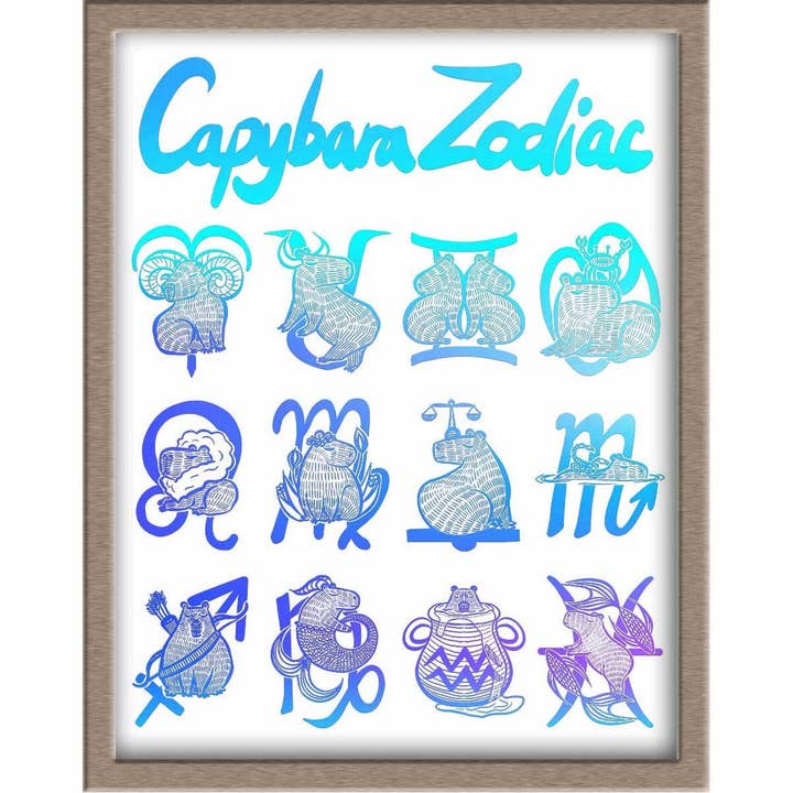 Impression métallisée de tous les signes du zodiaque Capybara (verticale avec titre) pour la vente par JoyousJoyfulJoyness