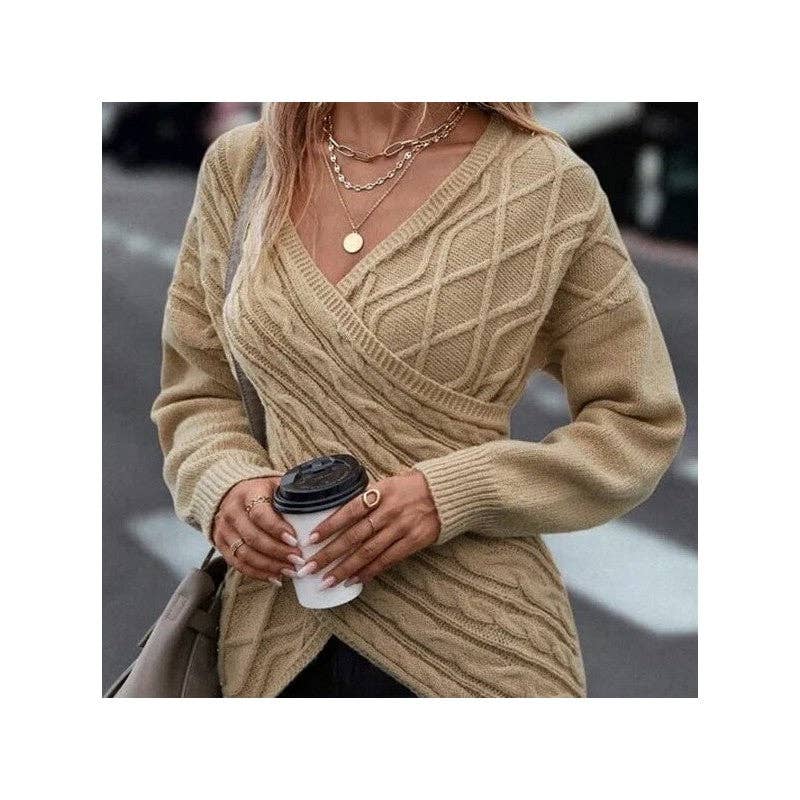 UZ Wholesale Store – wholesale Pullovertröja - Dam – Enfärgad V-ringad korslagd jacquard smal casual tröja1