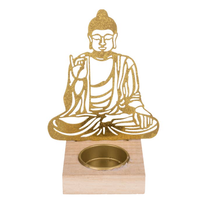 Out of the blue KG – wholesale Ljushållare – Guldig metallljushållare med träfot, Buddha, 3 varianter3