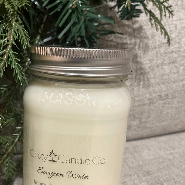 Evergreen Winter Soy Candle for wholesale by Cozy Candle Co