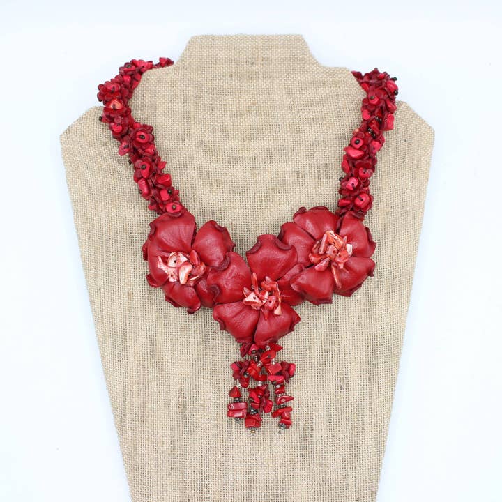 leather flower with stone necklace for wholesale by Sunflower Handmade leather inc
