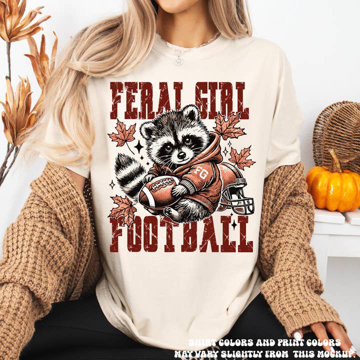 Feral Girl Football Racoon Tee - Printed On Comfort Colors for wholesale by Madi Moosh
