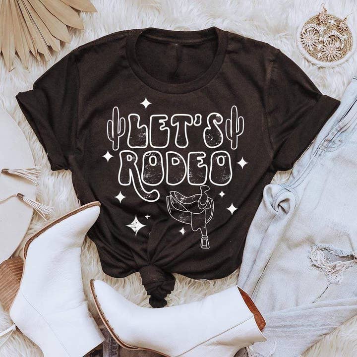 THE LATTIMORE CLAIM - Wholesale Screen Printed T-Shirt - Women's - Let's Rodeo with stars and saddle - Black Tee1