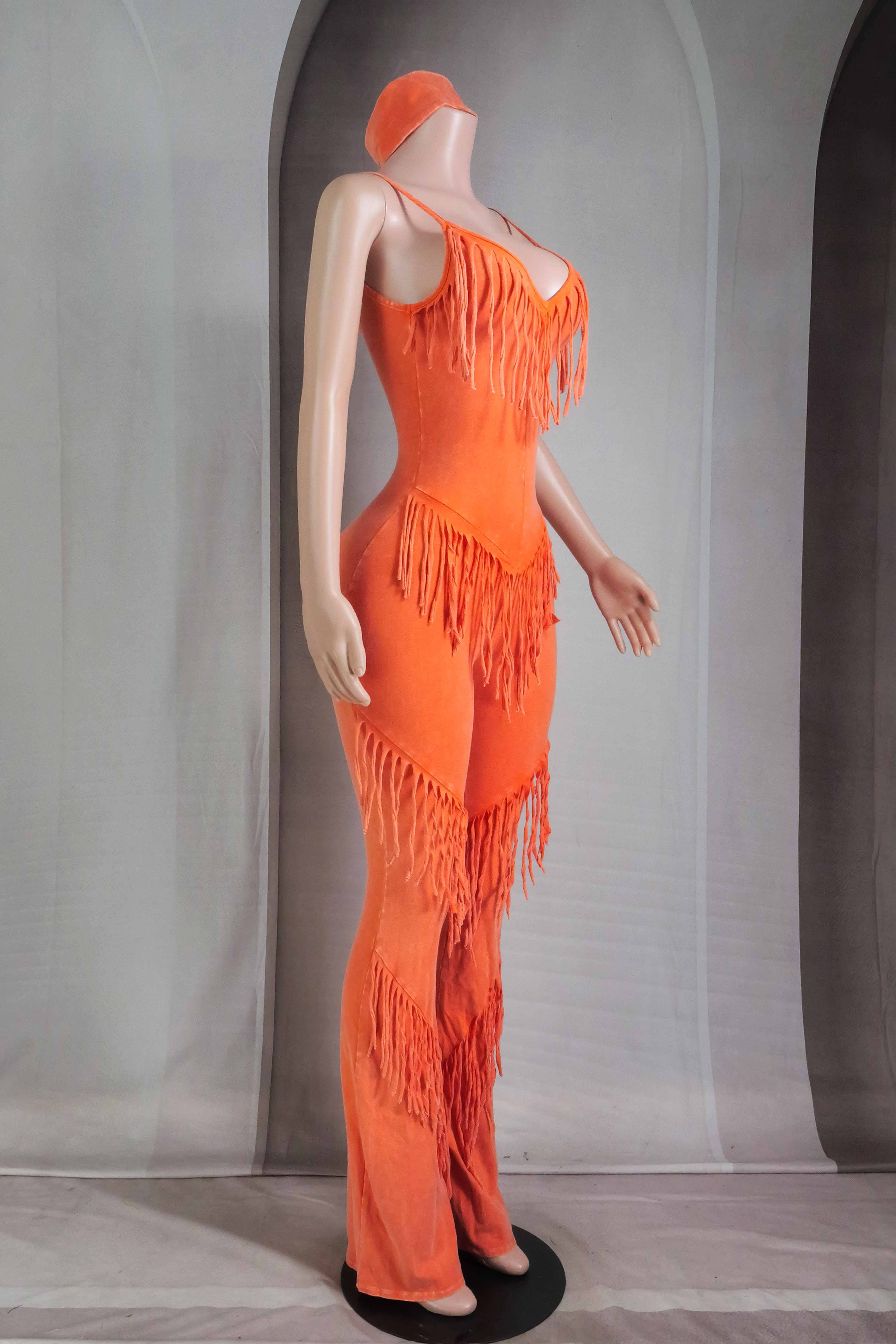 Orange Soda MINERAL WASH TIERED FRINGE JUMPSUIT WITH HEADBAND for wholesale on Faire2