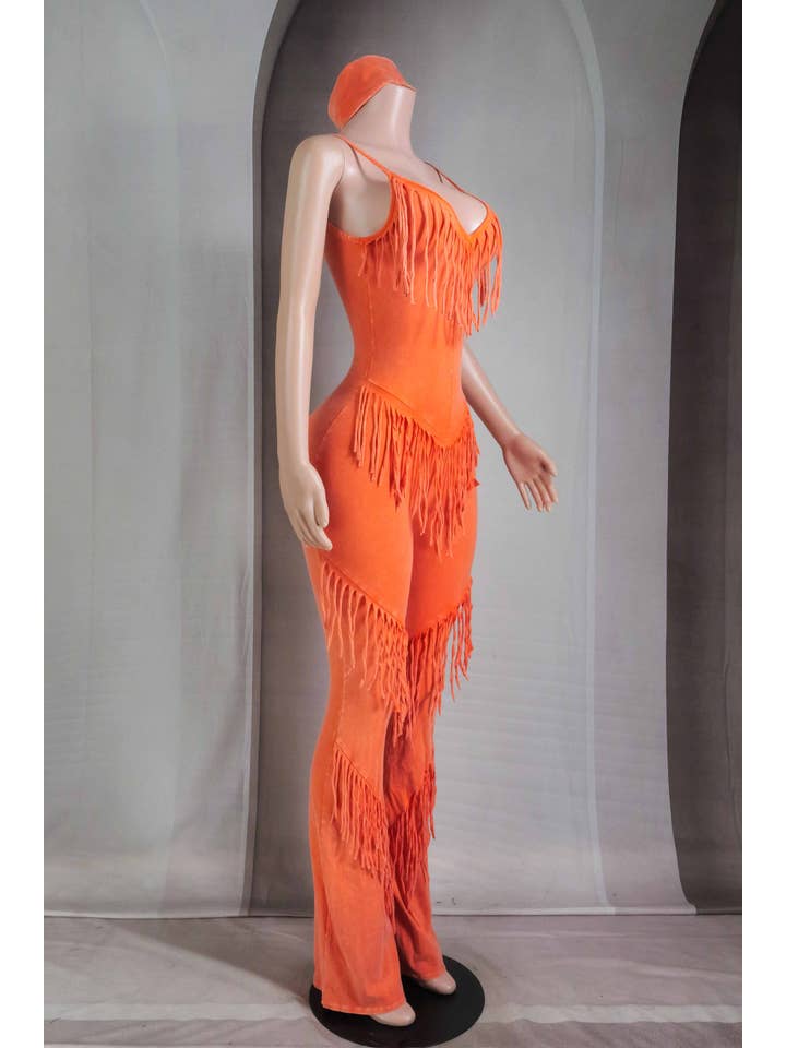 Orange Soda MINERAL WASH TIERED FRINGE JUMPSUIT WITH HEADBAND for wholesale on Faire2