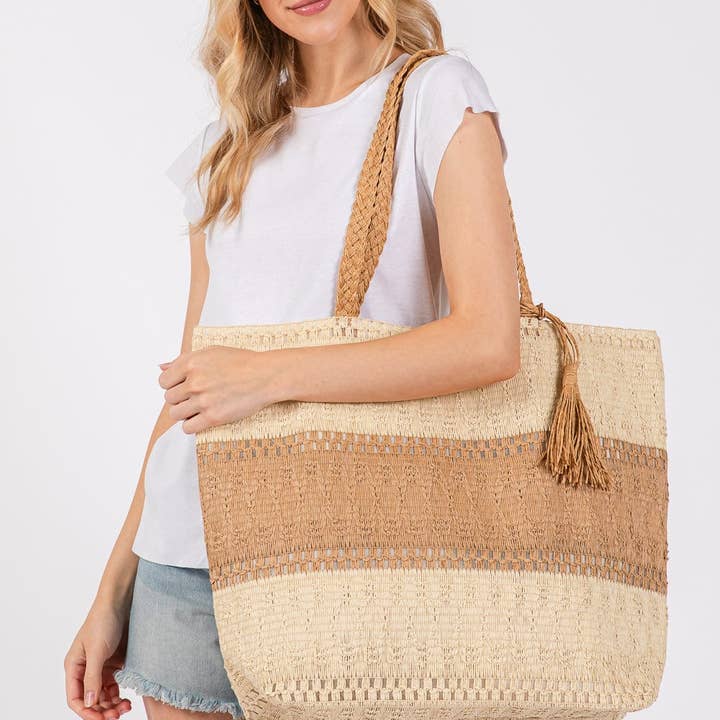 MiMi Wholesale - Wholesale Tote Bag - Women's - MB0273 Two Tone Woven Straw Tote Bag