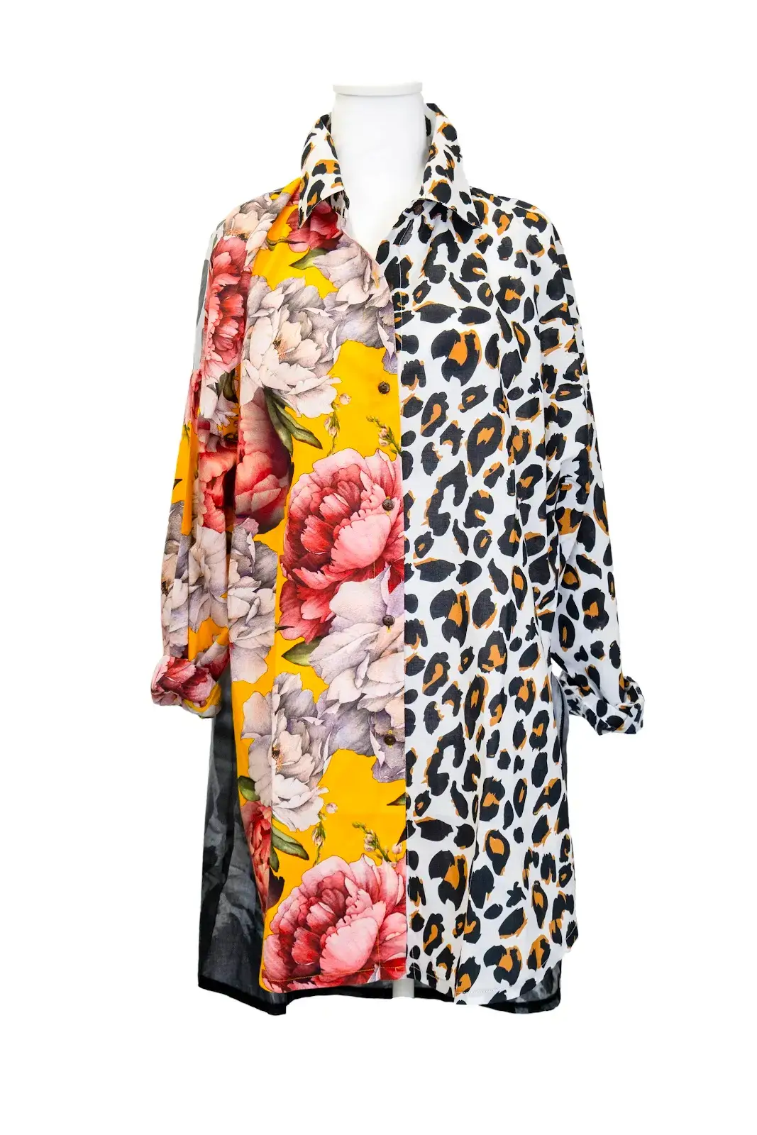 LeParisPetit by I Love Linen – wholesale Buttoned-down shirt – Women's – Fusion Blouse—Floral/Leopard Front & Sitting Bull Back 1