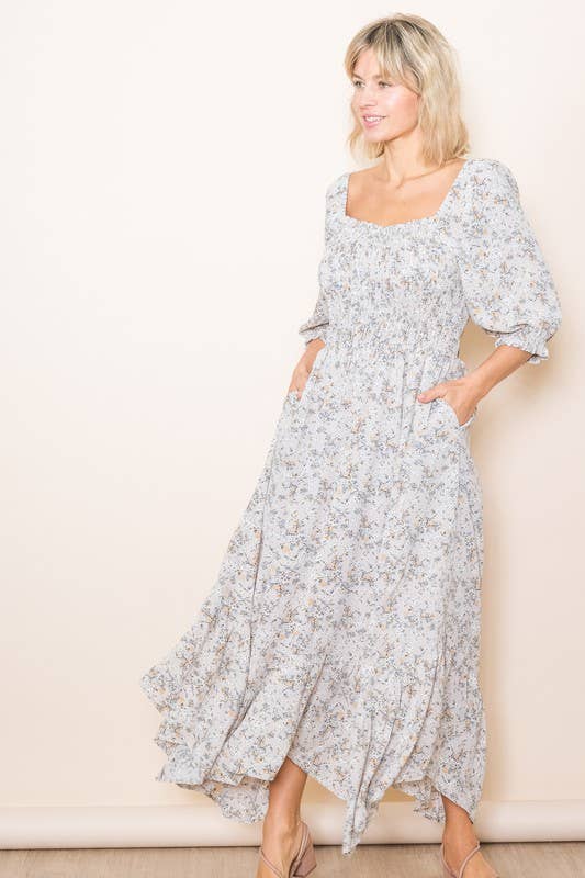 Elloh Collection – wholesale Dress – Women's – Sweetheart Half Sleeve Handkerchief Hem Floral Maxi Dress2