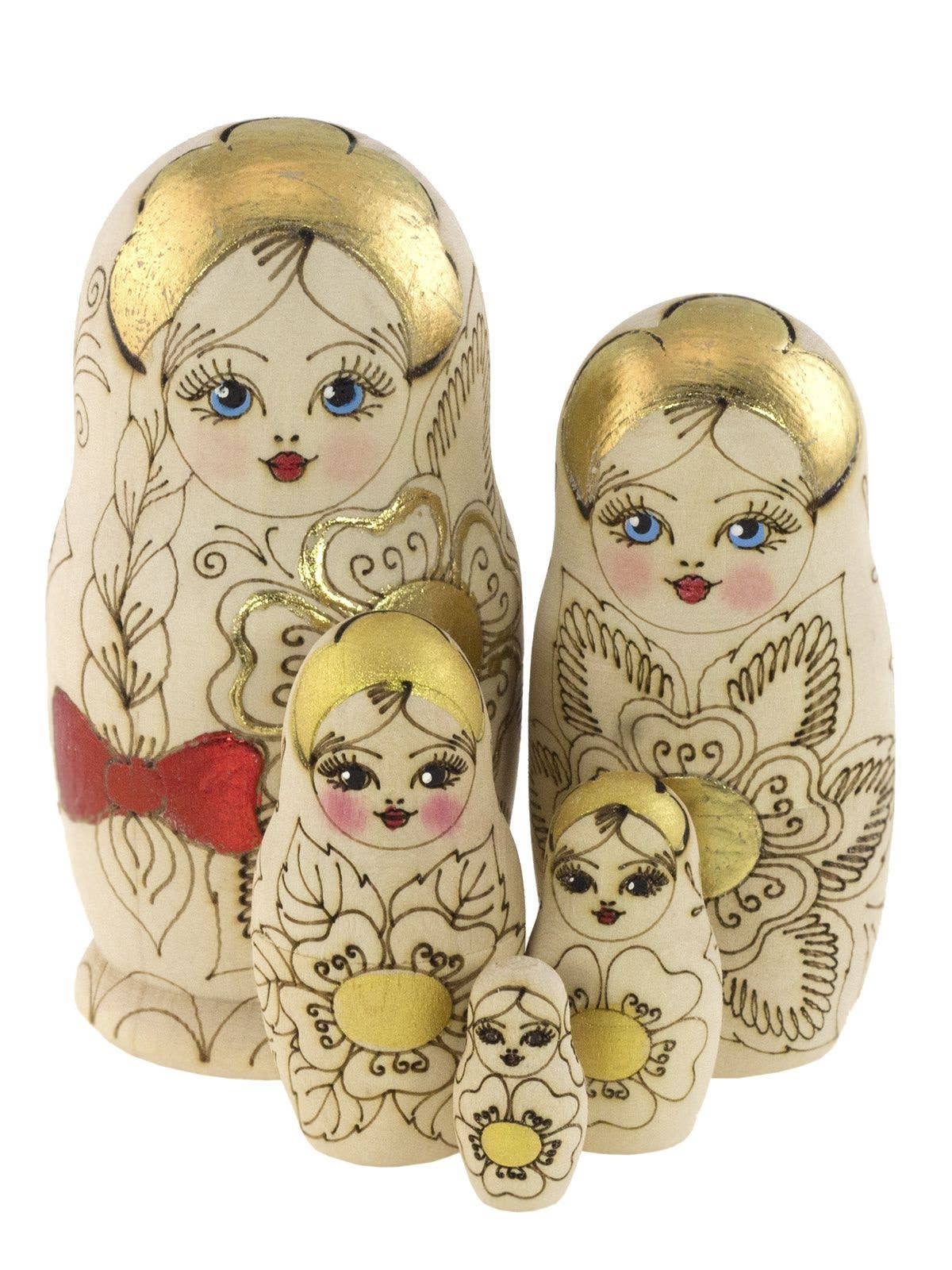 GSZ corporation DBA Gabriella's Gifts - Wholesale Doll - Kids - SMALL GOLD WITH RED BOW Floral Nesting Dolls Set, 5 Pcs/4.4"1