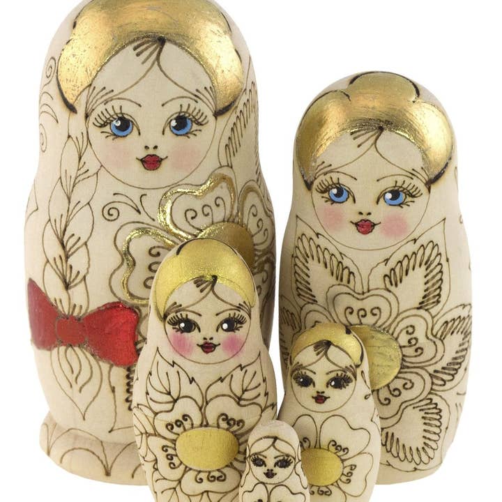 GSZ corporation DBA Gabriella's Gifts - Wholesale Doll - Kids - SMALL GOLD WITH RED BOW Floral Nesting Dolls Set, 5 Pcs/4.4"1