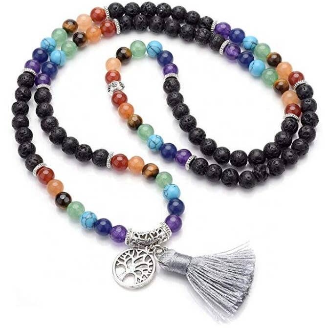 Artisans de Madagascar - Wholesale Beaded/Pearl Necklace - Lava Stone Mala Necklace 7 Chakras 108 Beads 6mm