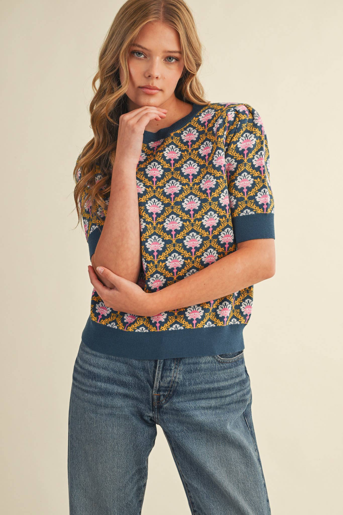 &MERCI - Wholesale Knit Sweater - Women's - FLORAL PATTERN SHORT SLEEVE SWEATER MSW108608