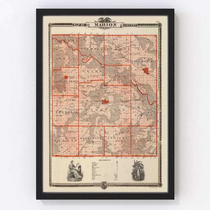 Vintage Map of Marion County, Iowa 1875 for wholesale by Ted's Vintage Art