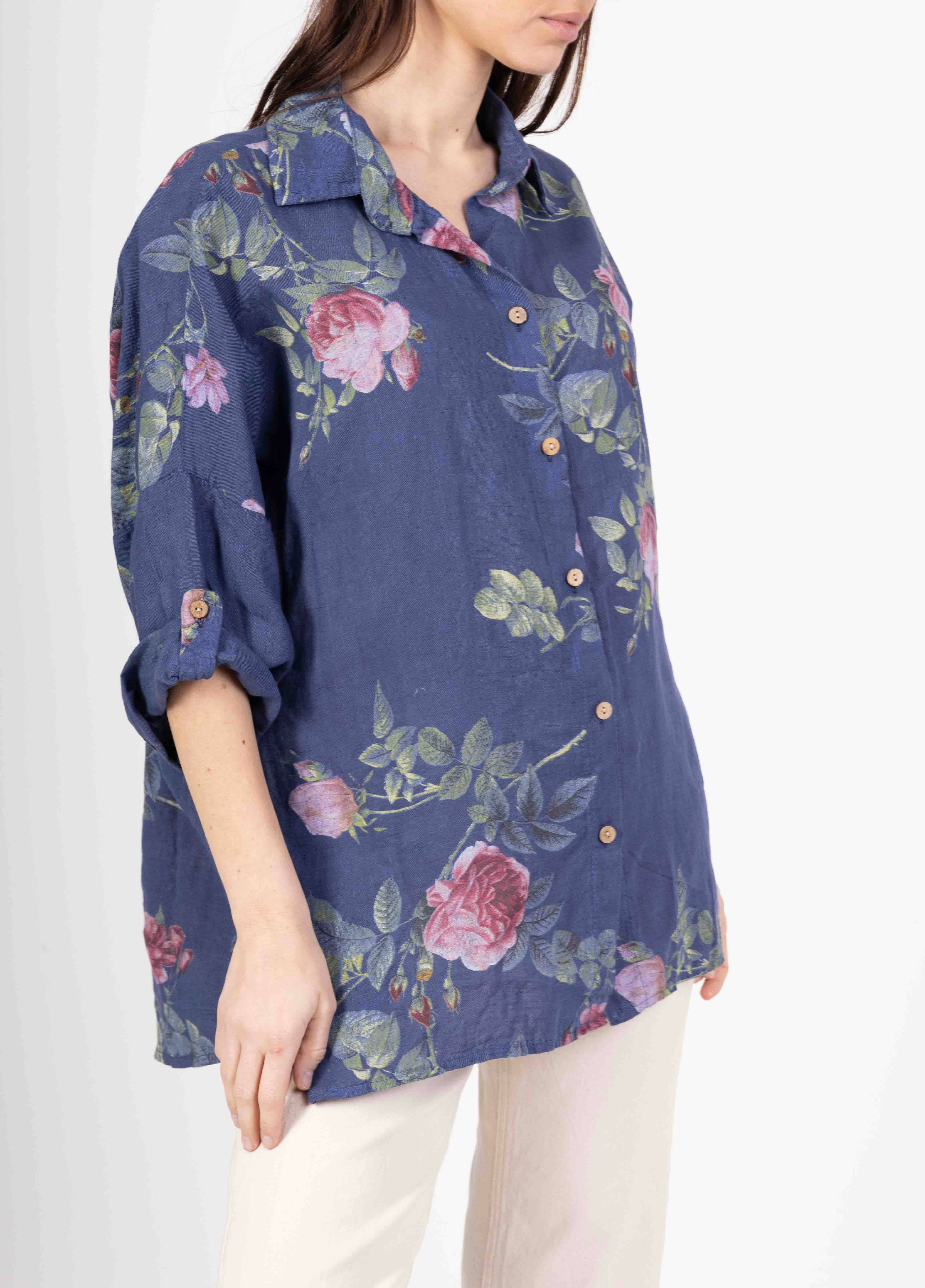 LINEN & COTTON HOUSE – Engroshandel Skjorte med buttondown – til kvinder – Tunika i 100% hør med blomsterprint 52357