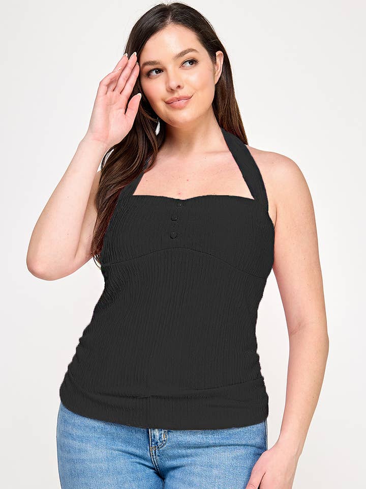 Haute Fox Plus Size & Contemporary - Vendita all'ingrosso Top in maglia - Donna - Top in maglia increspata con laccetto al collo taglie forti - JK18970-T0
