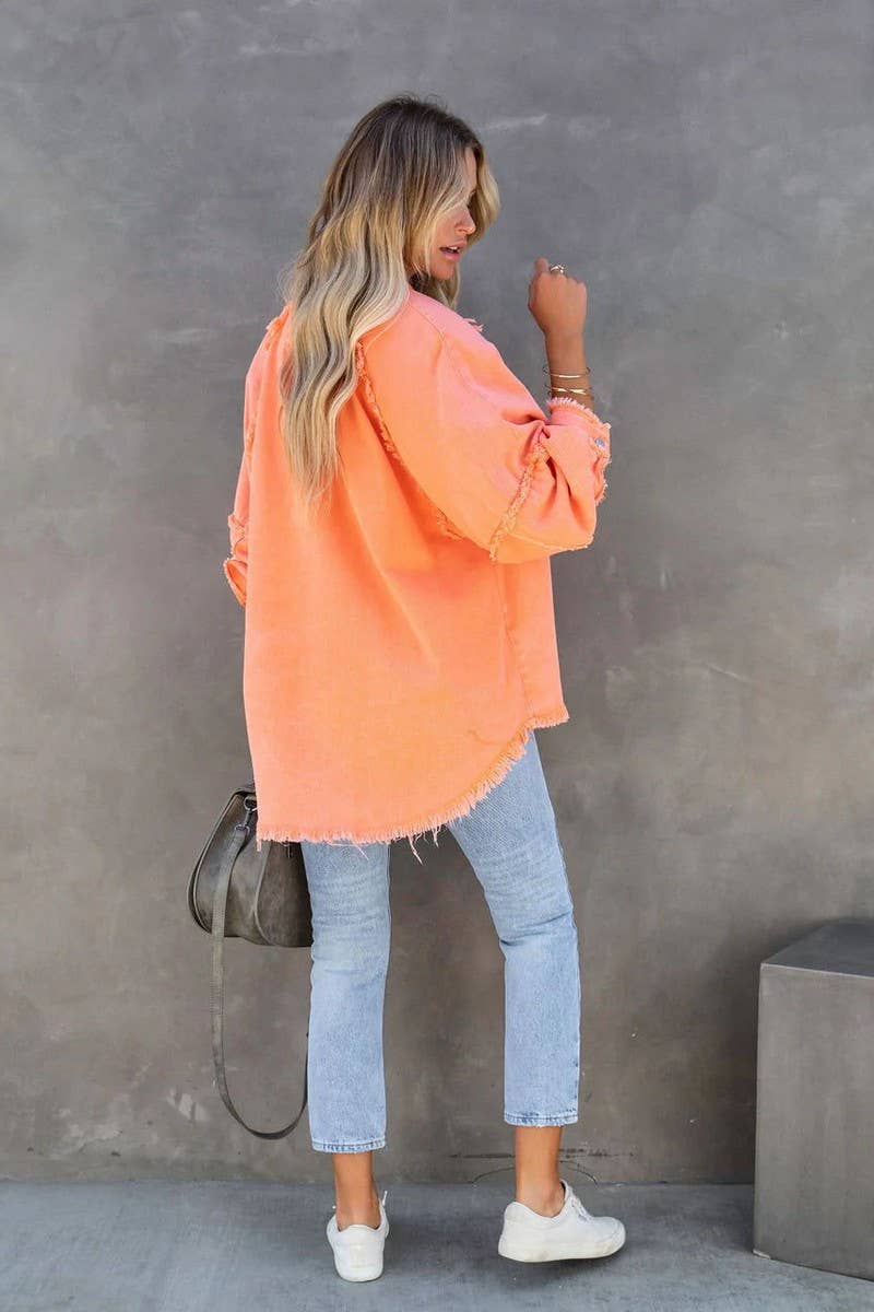 Lily Clothing - Wholesale Jacket - Women's - Loose raw edge patchwork pocket denim shirt jacket4