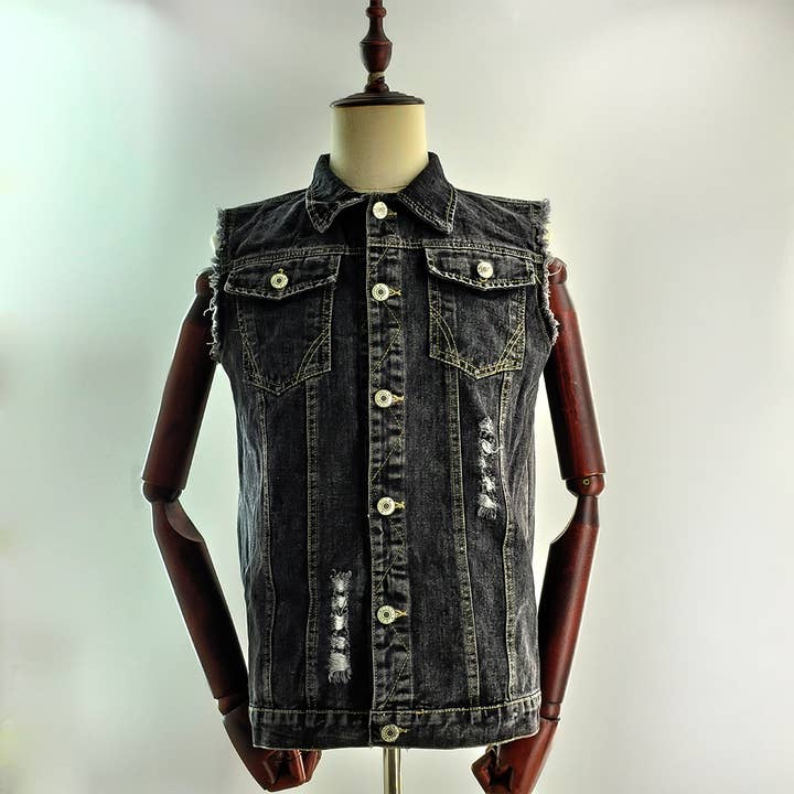 Black Men's denim vest waistcoat casual vest for wholesale on Faire3