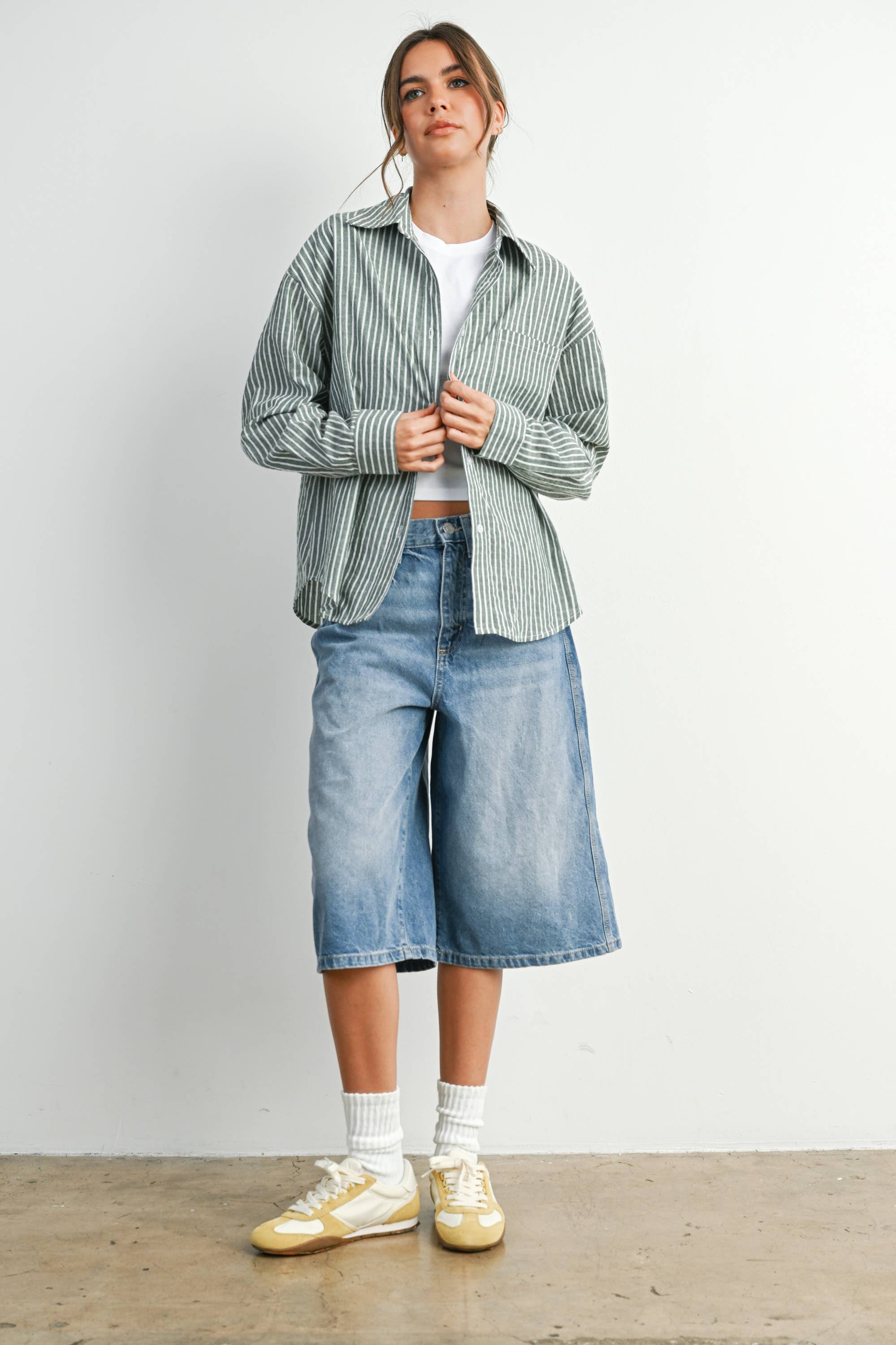 BUTTERMELON - Vente Chemise à col boutonné – femme - Haut à manches longues à rayures et col boutonné raccourci - BMT79150