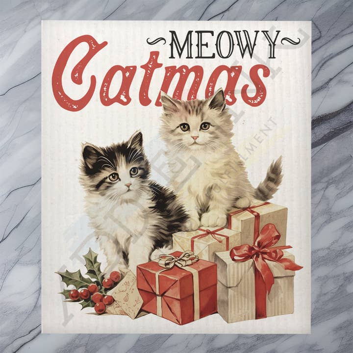 Meowy Catmas Vintage Merry Christmas Cat Dishcloth for wholesale by ADDLE iNK