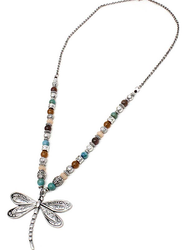 ( A274 ) ANTIQUE DRAGONFLY AND SEMI PRECIOUS BEAD NECKLACE for wholesale by Jewelry Max
