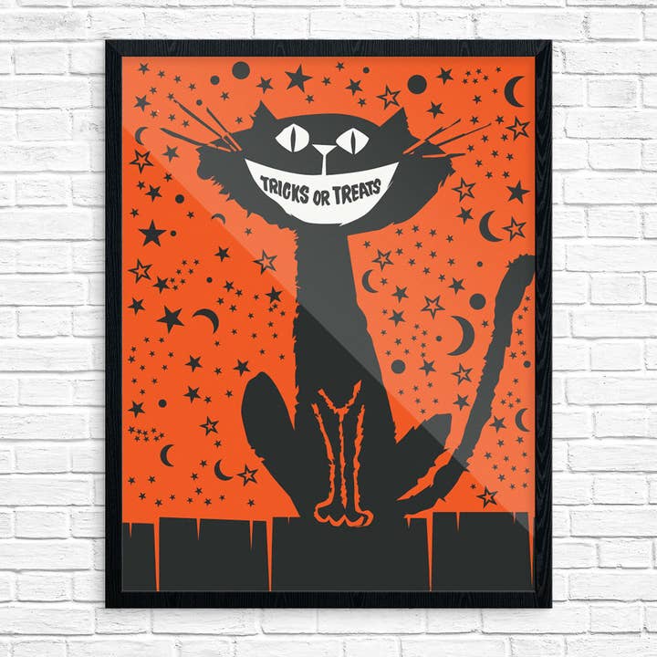 Trucs ou friandises d'Halloween, 8 po x 10 cm, imprimé en forme de chat et d'étoiles pour la vente par Fridgedoor