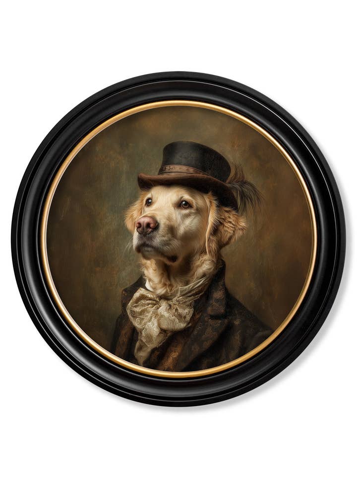 Lord Goldpaw - Gentleman Golden Labrador Oxford round frame for wholesale by T A Interiors Wall Art & Mirrors