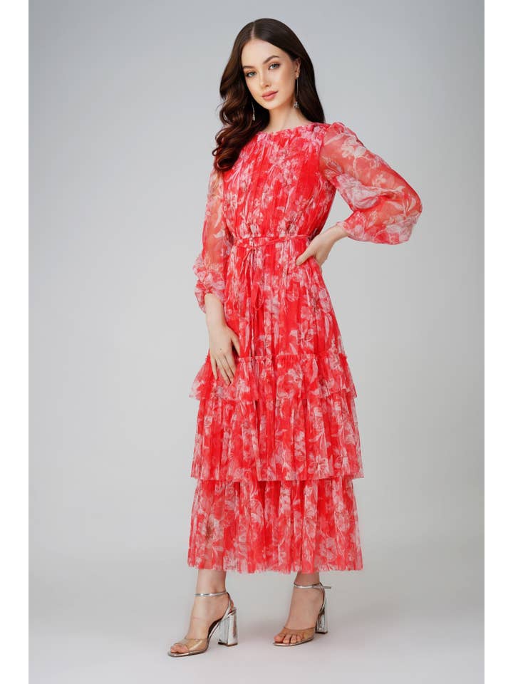 Rebecca Midi Dress in Red Print for wholesale on Faire