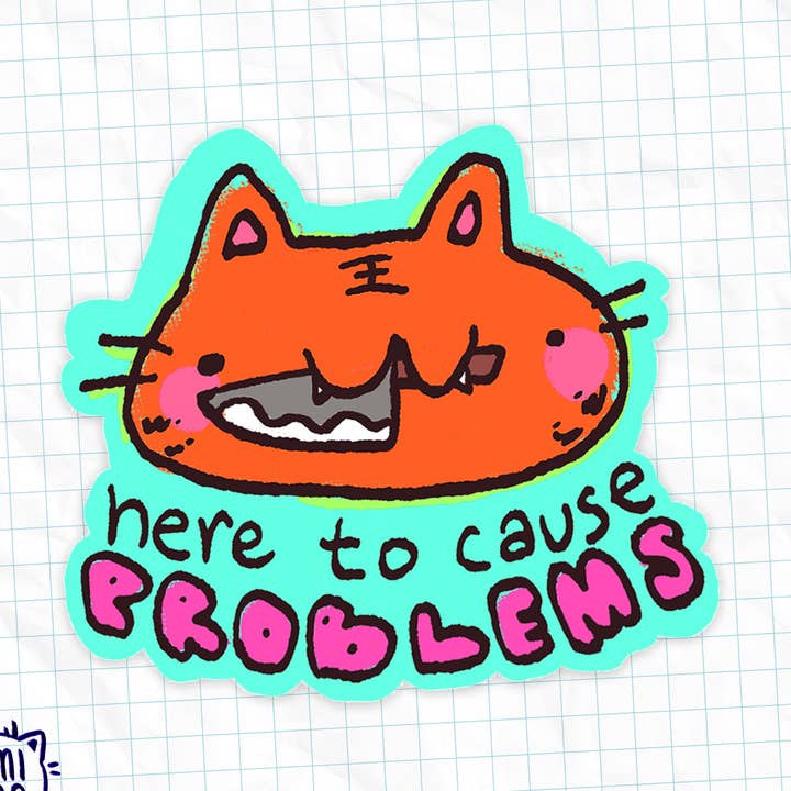 Here to Cause Problem Cat Funny Waterproof Sticker for wholesale by mimimao
