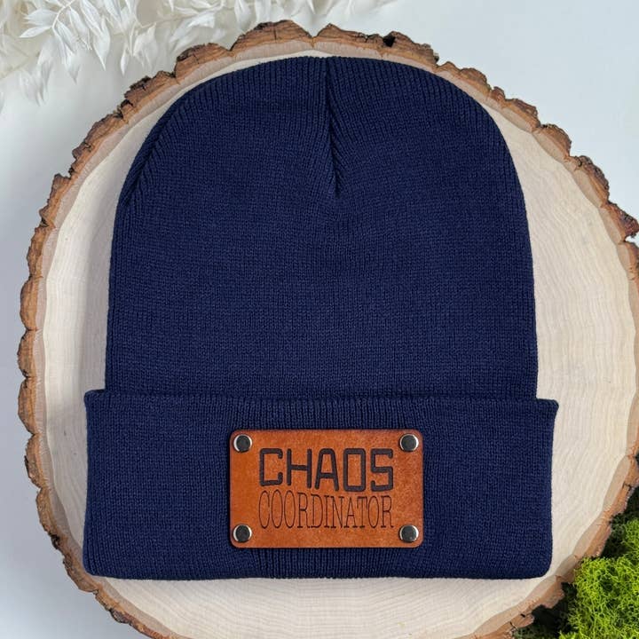Chaos Coordinator beanie with snap on/off leather patch for wholesale by The Lonely Pine
