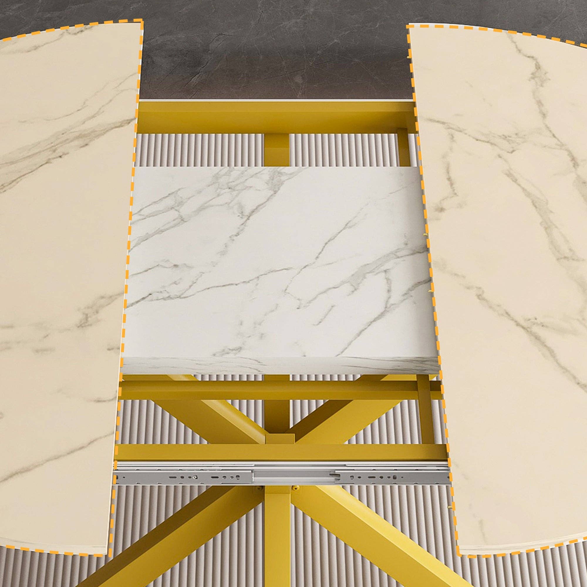 39F Inc. - Wholesale Side Table - Modern Round Dining Table with Extendable Blades, Carbon Steel X-Base, White Marble-Veined Top, MDF and Iron Construction, Fits 4-6 People4