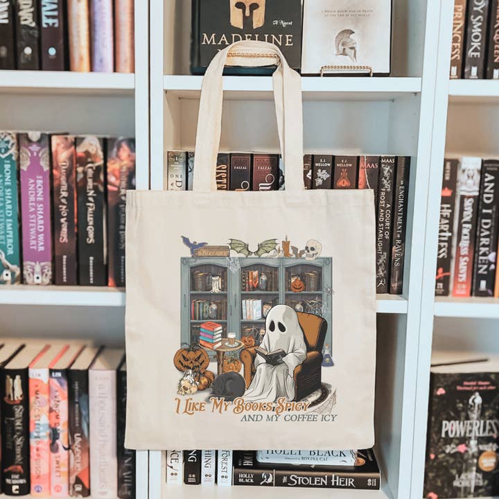 I Like My Books Spicy and My Coffee Icy Sublimated Canvas Tote Bag for wholesale by Awfullynerdy.co