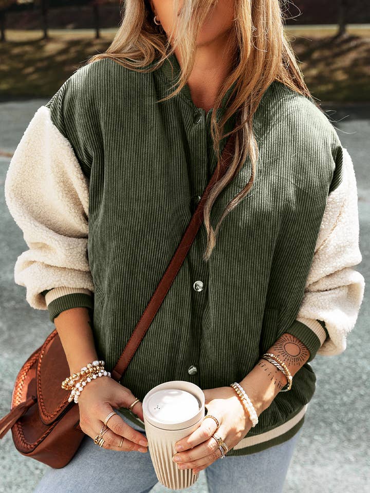 PRETTY BASH - Wholesale Bomber jacket – Women’s - Colorblock Corduroy Fleece Patchwork Button-Up Bomber Jacket0
