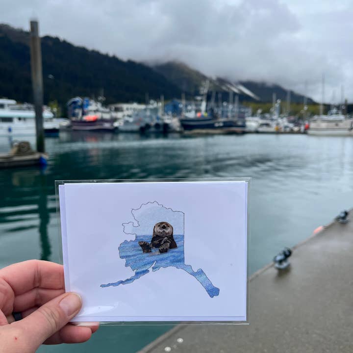 Alaska State Map Otter Greeting Card, Sea Otter, Stationary for wholesale by Sea Spray AK