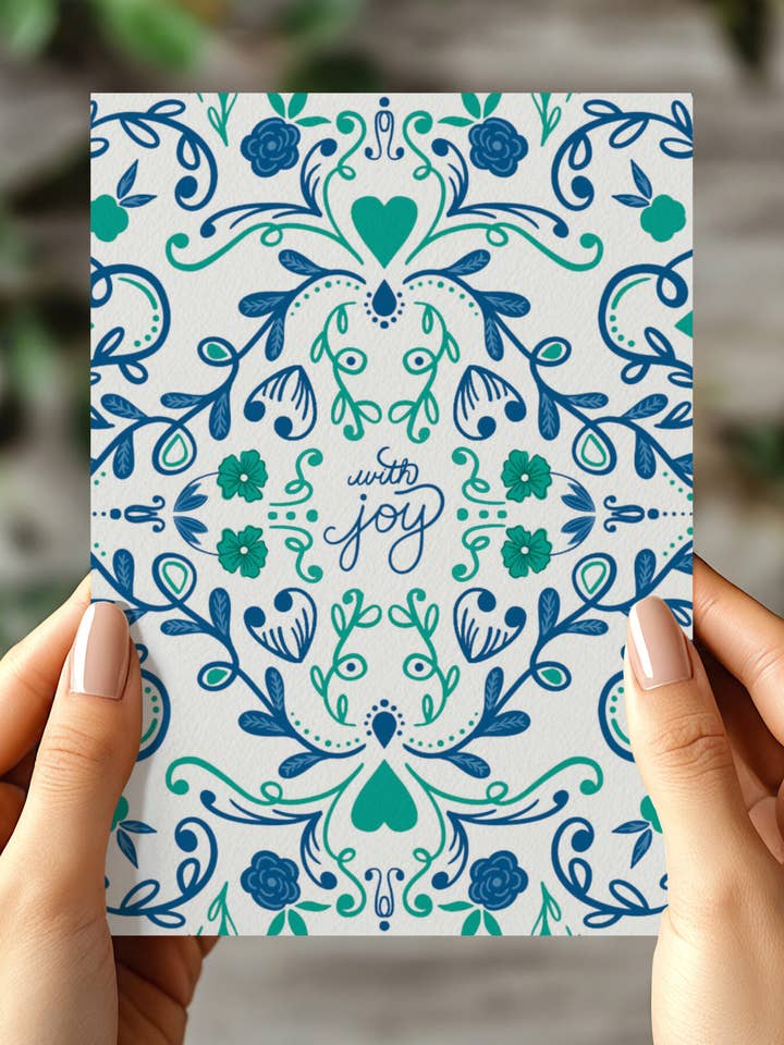 With Joy, All Occassion Scandinavian Notecard for wholesale by Beth Ann Erickson Designs