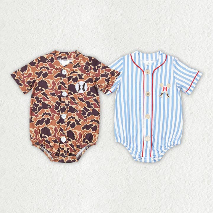 Sibling Baby Infant Boys Baseball Embroidery Buttons Short Sleeve Rompers for wholesale by Aier Wholesale