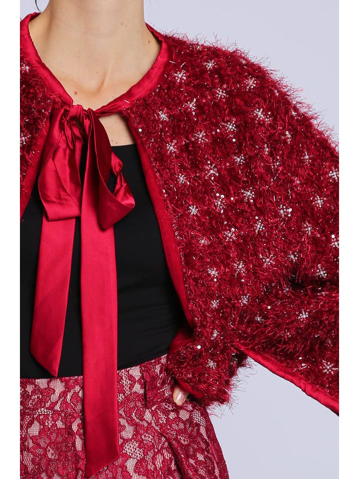 Red Embellished Fuzzy Boucle Crop Jacket PC4109 for wholesale on Faire