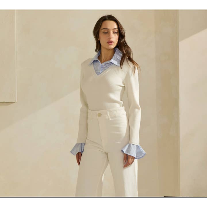 Ivory Sky Sweater Top with Contrast Neck & Cuffs for wholesale on Faire5