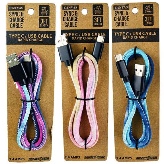 Novelty Closeout - Wholesale Charging Cable - Charging Cable USB to USB-C Tie Dye 3 ft Assortment- 3/Pack
