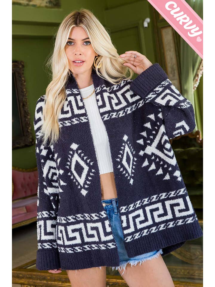 Sweet Lovely by Jen - Wholesale Cardigan - Women's - PLUS SIZE AZTEC PRINT SUPER SOFT COZY SWEATER KNIT CARDIGAN