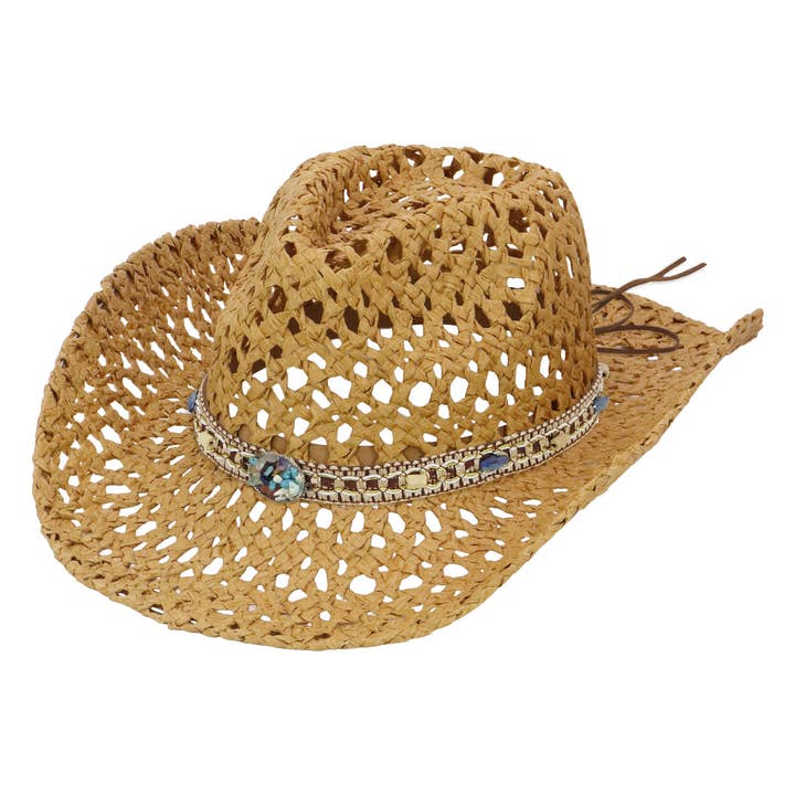 Cap Zone – wholesale Cowboy Hat – Women’s – Gemstone Band Coastal Crochet Fishnet Cowboy Hat8