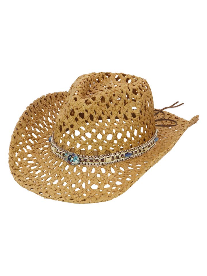 Gemstone Band Coastal Crochet Fishnet Cowboy Hat for wholesale by Cap Zone