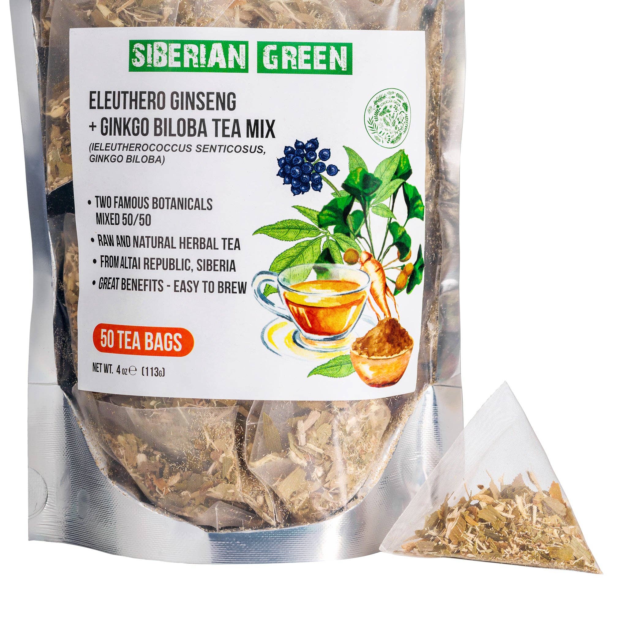 SiberianGreen - Wholesale Tea Bags - Siberian Green Ginkgo Biloba Tea with Eleuthero Root  – 50 Tea Bags0
