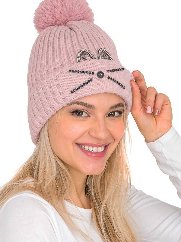 Kitty Ear Whiskers Bling Sherpa Fur Lined Beanies for wholesale by Cap Zone